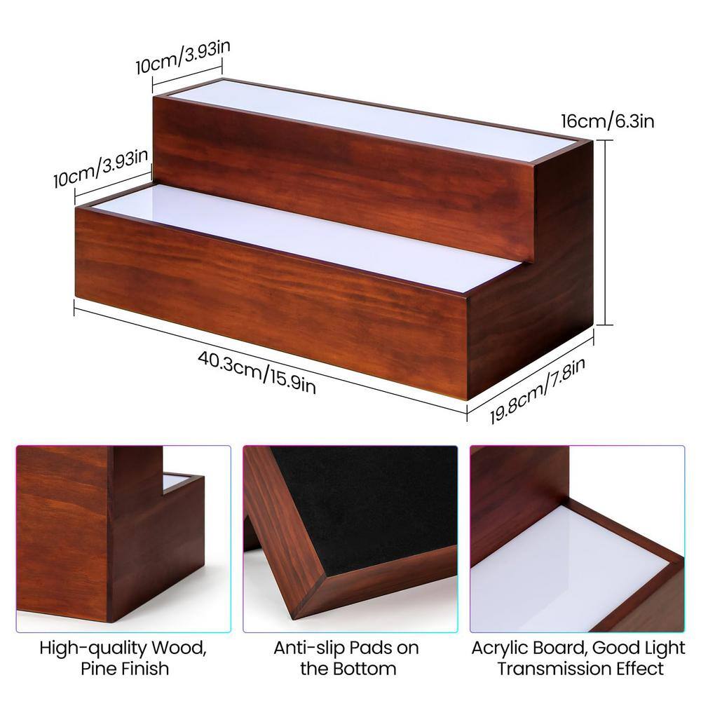 6.3 in. H x 7.8 in. W 10-Bottle Brown 2-Tier LED Bar Shelves, LED Lighted Liquor Bottle Display Shelf - Hercitys