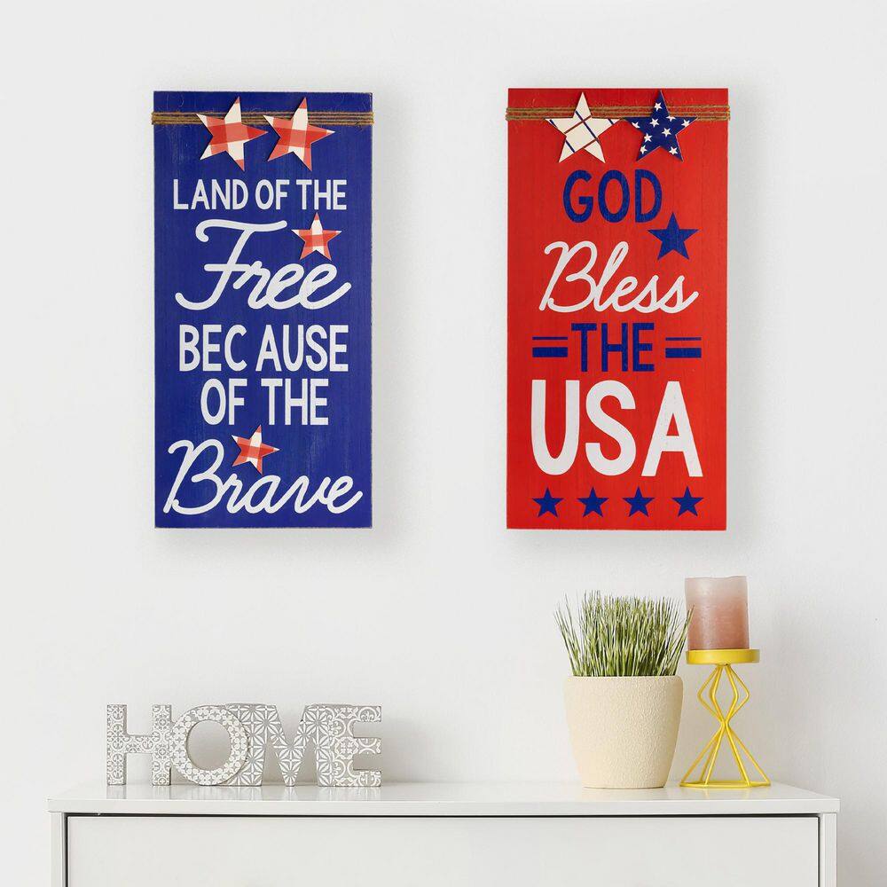 Set of 2 God Bless the USA and Land of the Free Patriotic Wooden Plaques 23.5 in. - Hercitys
