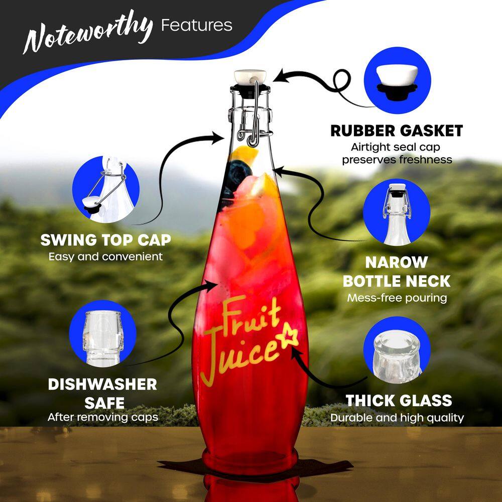 6 Pack 33 oz. Glass Bottles with Swing Top Stoppers, Bottle Brush, Funnel, and Gold Glass Marker – Teardrop Design - Hercitys