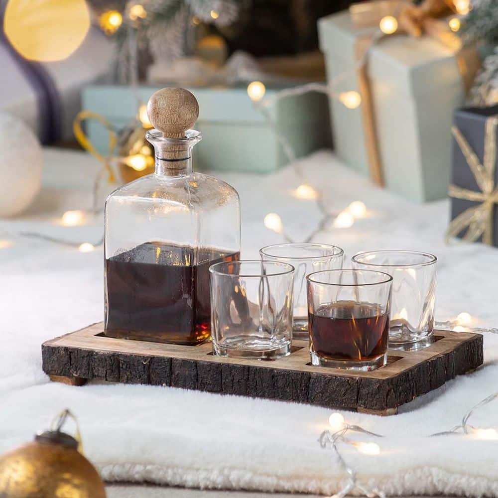 6-Piece Brown Glass Bar Set, Bar Set with Mango Wood Stand - Hercitys