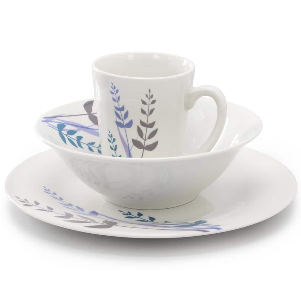 Blue Leaves 12-Piece Round Fine Ceramic Decorated Dinnerware Set in White - Hercitys