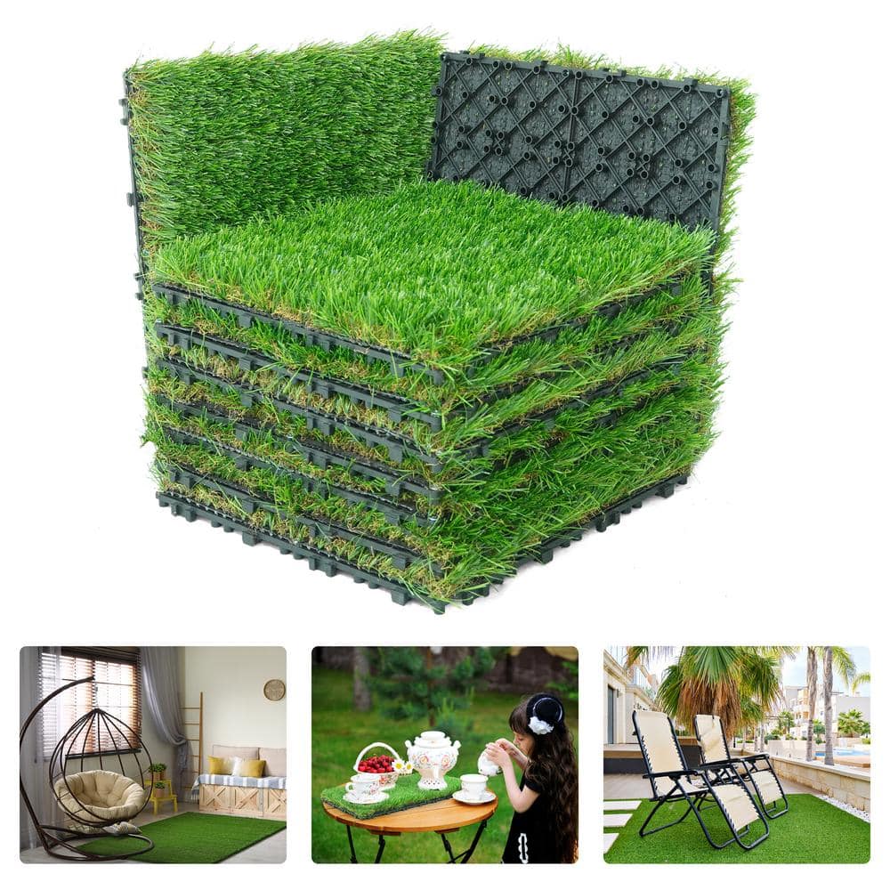 Green 12 in. x 12 in. Artificial Grass Interlocking Tiles, Interlocking Fake Faux Grass Pet Turf (9 Pack) - Hercitys