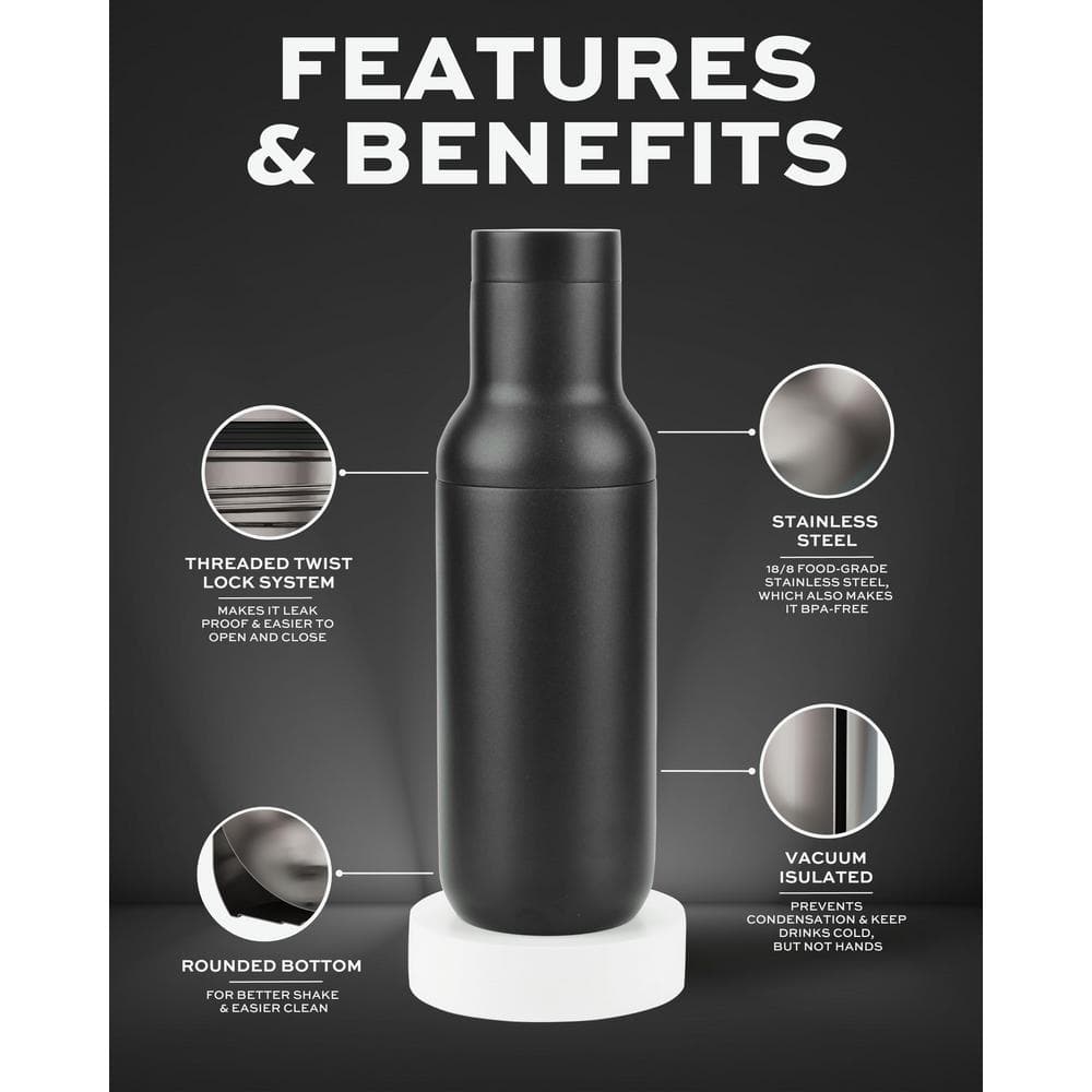 Durable Hybrid 31 oz. Black Stainless Steel 1-Piece Cocktail Shaker - Hercitys