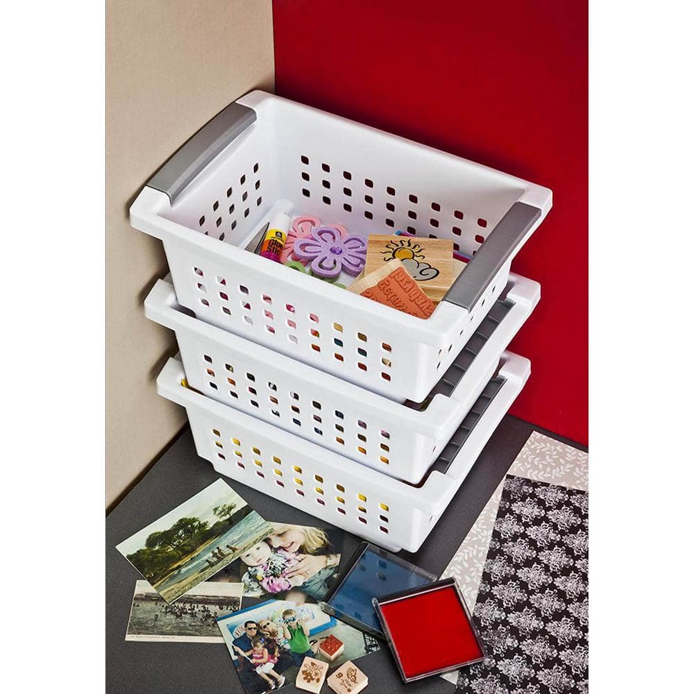Small Stacking Basket with Titanium Accents, White (16-Pack) - Hercitys