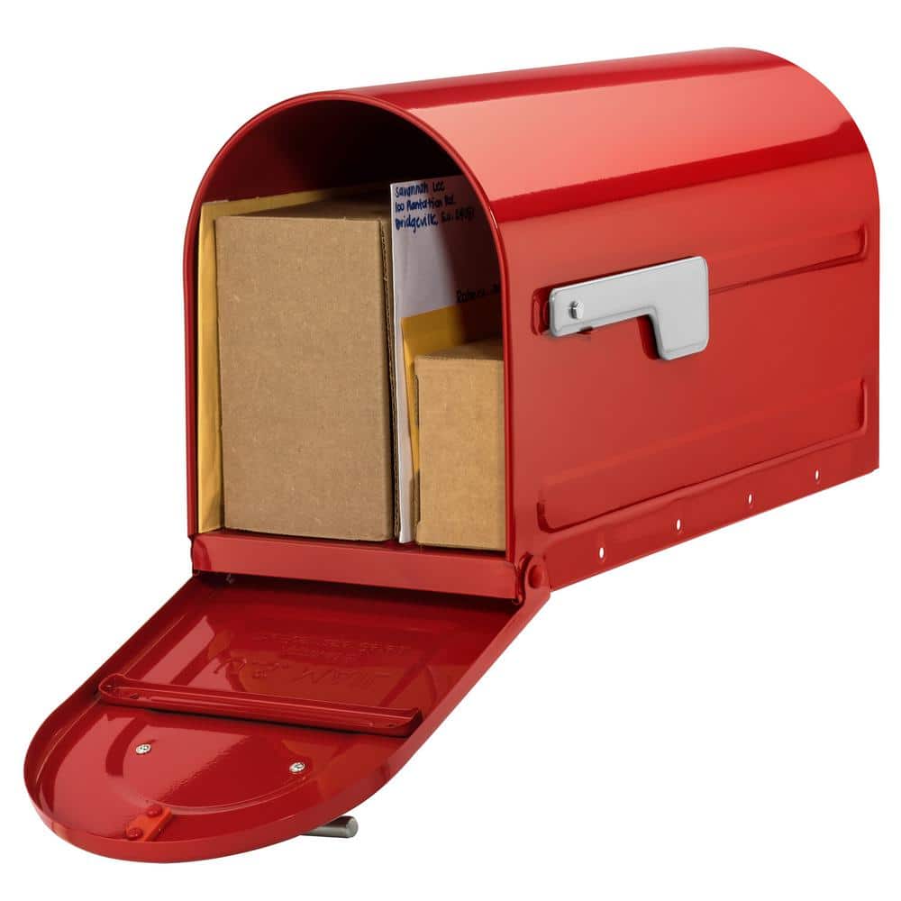 Boulder Red, Large, Steel, Post Mount Mailbox with Silver Handle and Flag - Hercitys