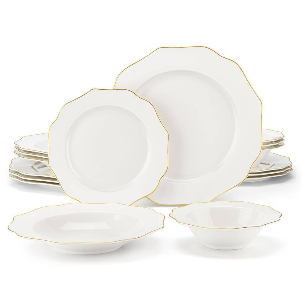 Lotus 16-Piece White with Gold Trim Bone China Dinnerware Set (Service for 4) - Hercitys