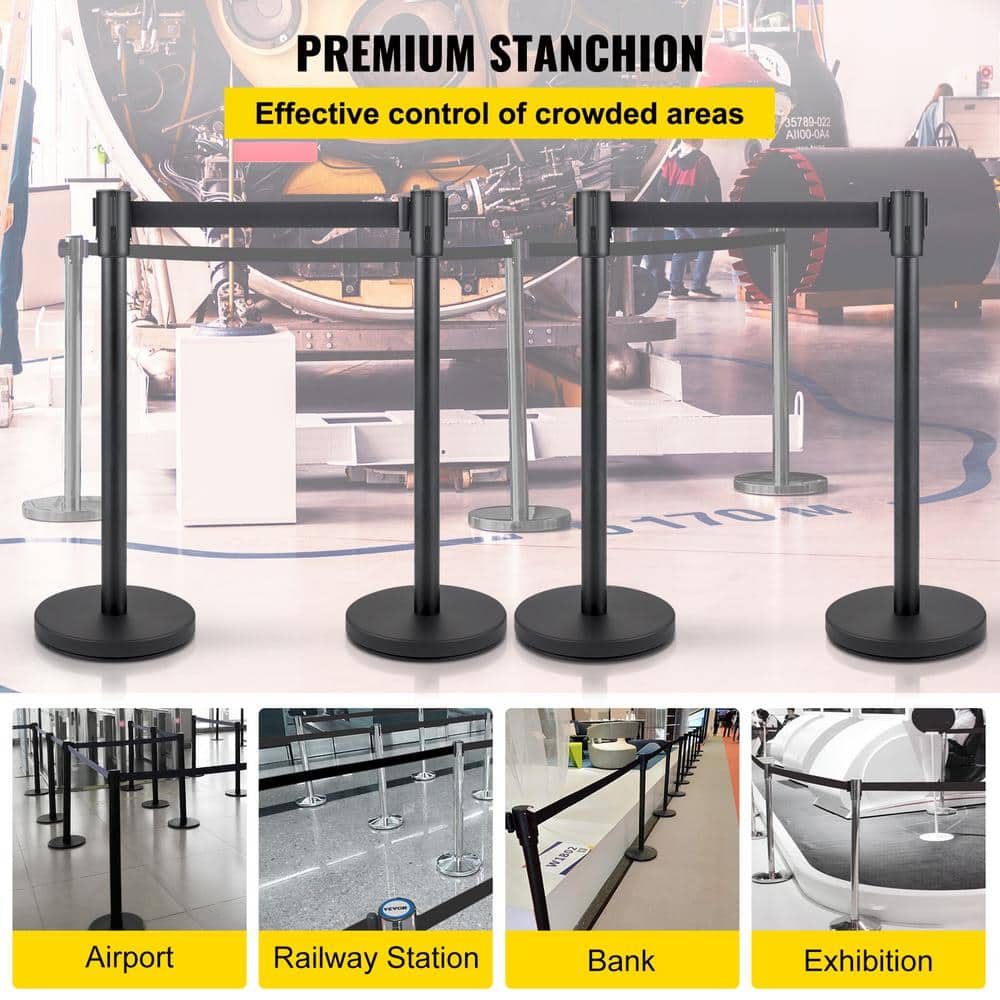 Crowd Control Stanchion 6.6 ft. Black Retractable Belt Stainless Steel Safety Barriers with Metal Base, Black (4-Pack) - Hercitys