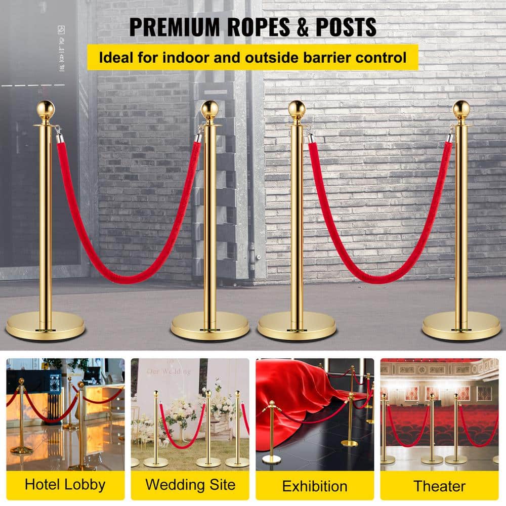 Gold Crowd Control Stanchion 38 in. H with Ball Top and 5 ft. Red Rope Stainless Steel Crowd Control Barrier (4-Pack) - Hercitys