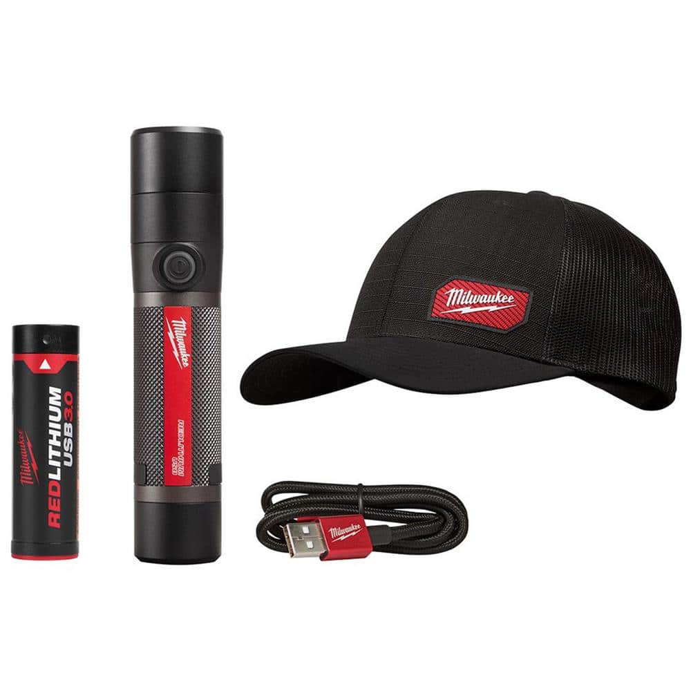 800 Lumens LED USB Rechargeable HP Fixed Focus Flashlight with GRIDIRON Black Adjustable Fit Trucker Hat - Hercitys