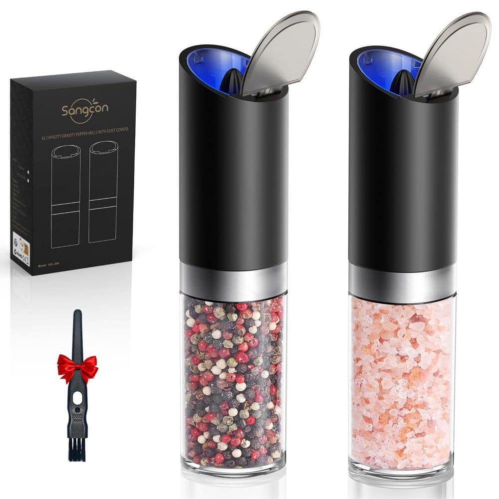 8 oz. Gravity Electric Salt and Pepper Grinder Set with Dust Cover and Light, Black (2-Pack) - Hercitys