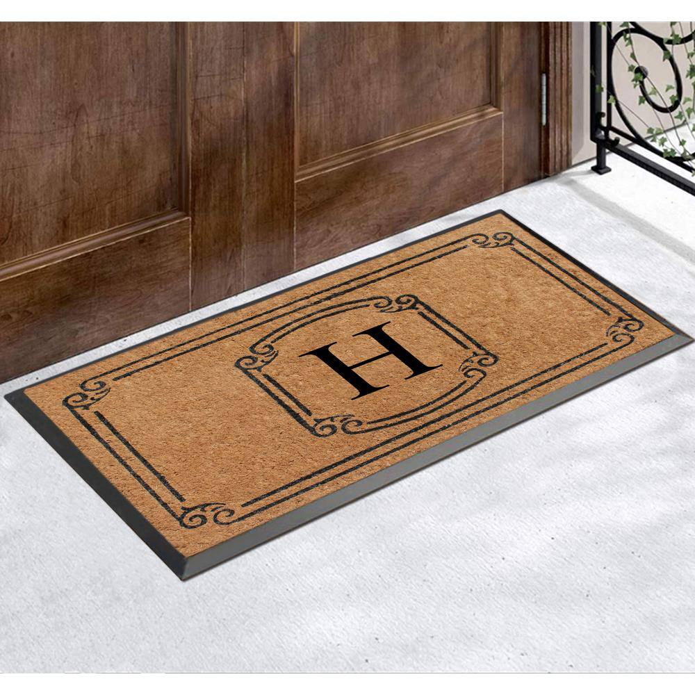 A1HC Heavy Duty Single/Double door, Hand-Crafted Black/Beige 30 in. x 48 in. Coir and Rubber Monogrammed H Doormat - Hercitys