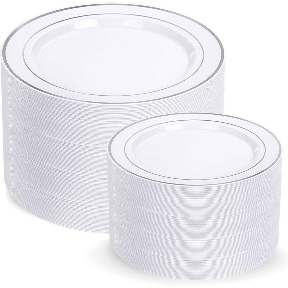 Silver Disposable Plastic Plates, 200-Piece (100-Dinner and 100-Dessert Plates) - Hercitys