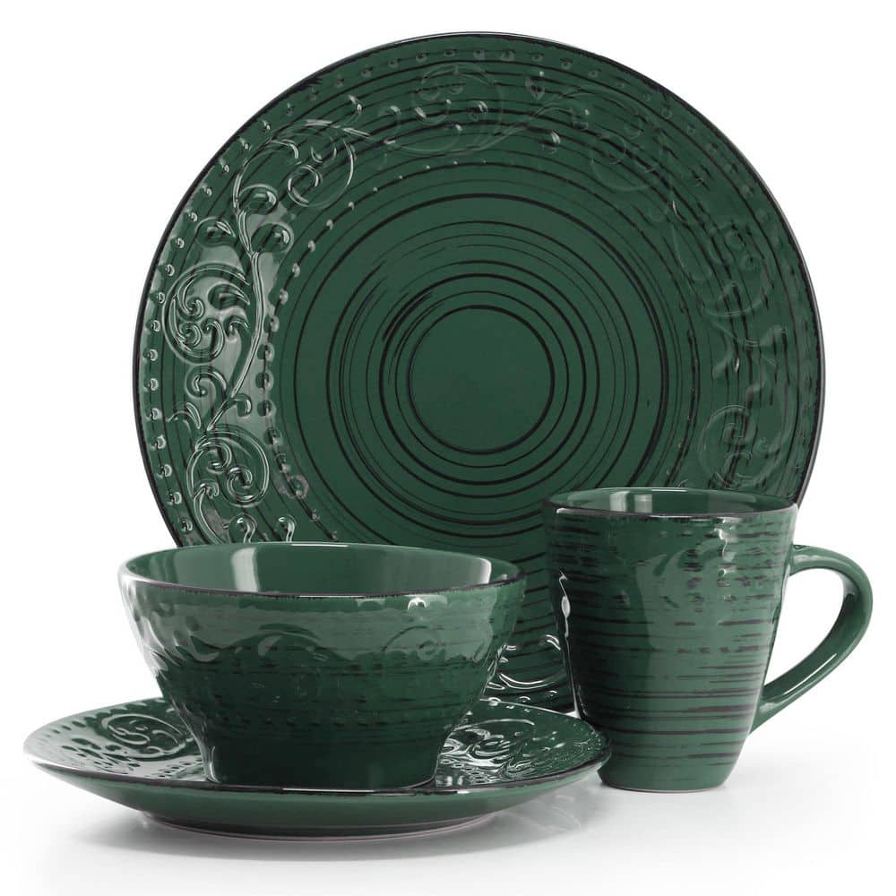 Elama Pacifica Emerald Coast 16-Piece Dinnerware Set in Dark Green - Hercitys
