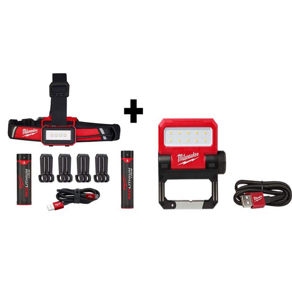 600 Lumens LED REDLITHIUM USB Low-Profile Hard Hat Headlamp & 550 Lumens LED USB Pivoting Flood Light (2-Pack) - Hercitys