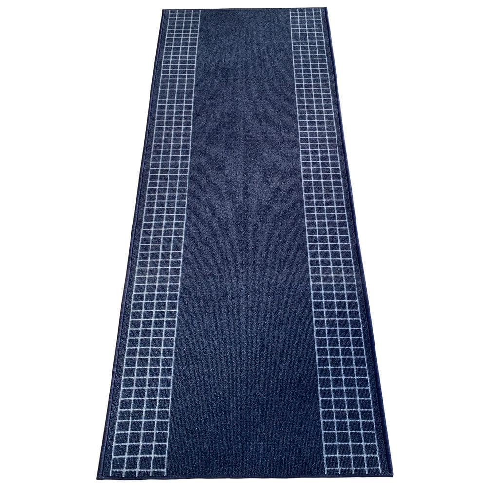 Checkered Border Blue 31 in. W x 27 ft. L Runner Rug/Stair Runner 70.2 sq. ft. - Hercitys