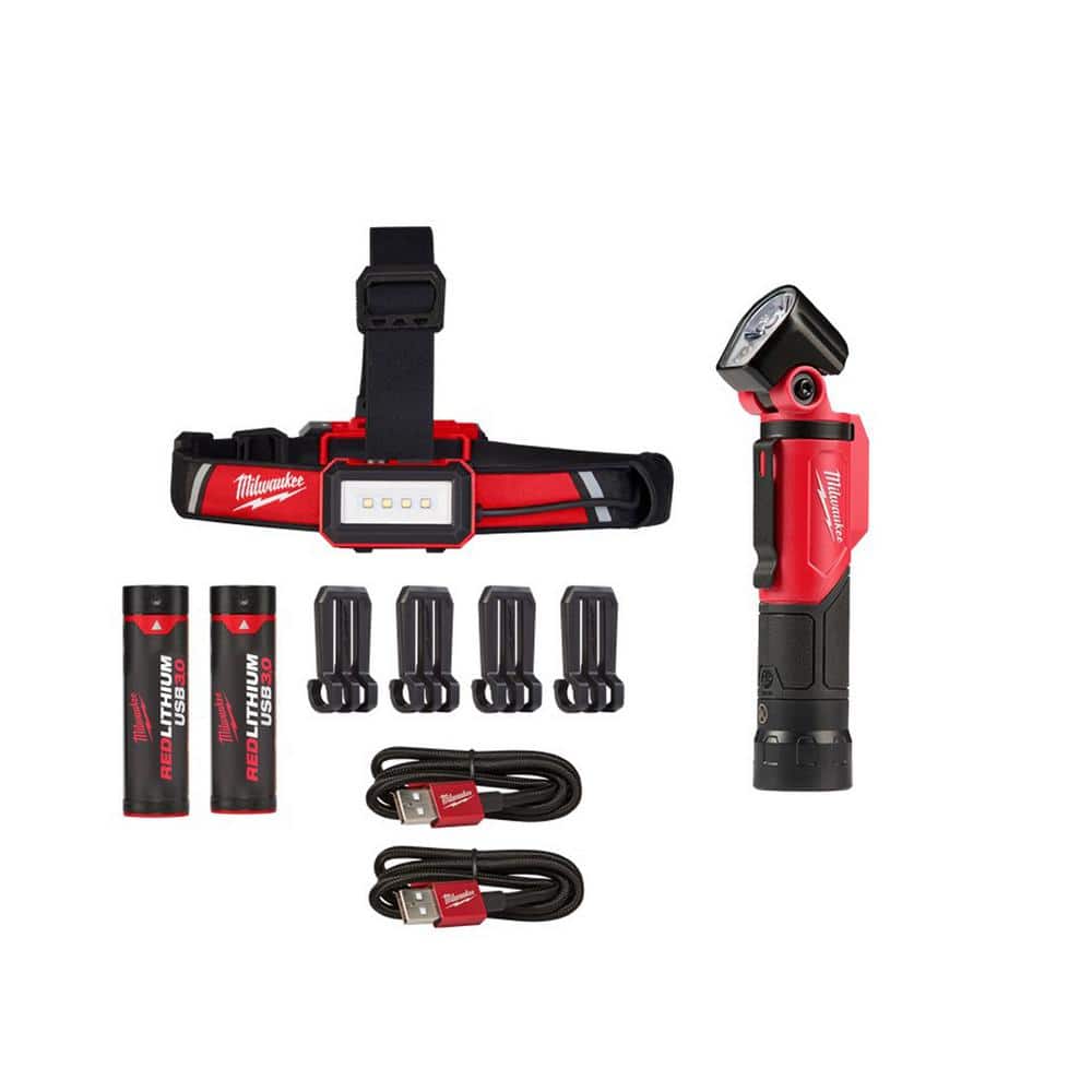 600 Lumens LED REDLITHIUM USB Low-Profile Hard Hat Headlamp & 500 Lumens LED Pivoting REDLITHIUM USB Flashlight (2-Pack) - Hercitys