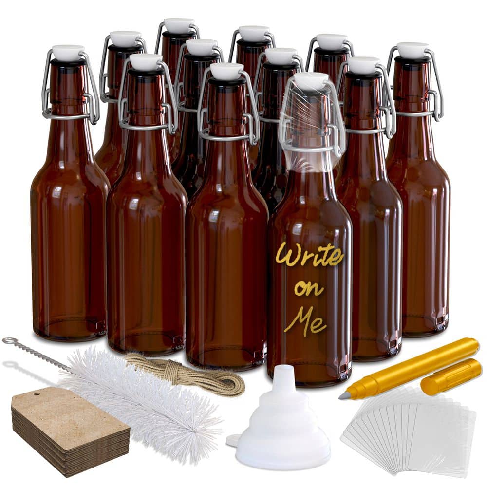 8.5 oz. Swing Top Amber Glass Beer Bottles with Bottle Brush, Funnel, Shrink Wrap, Paper Tags and Marker (Set of 12) - Hercitys