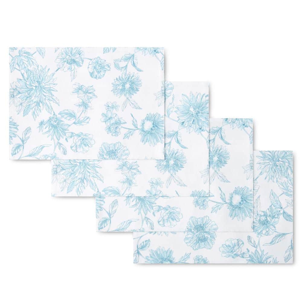 Botanical Floral White/Blue 13 in. x 18 in. Placemat Set (4-Pack) - Hercitys