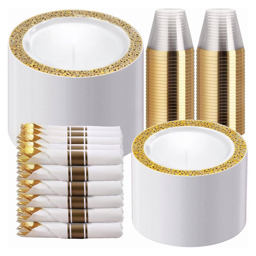 Gold Plastic Dinnerware Set with Plates, Napkins, Silverware, and Cups (350-Pieces) - Hercitys