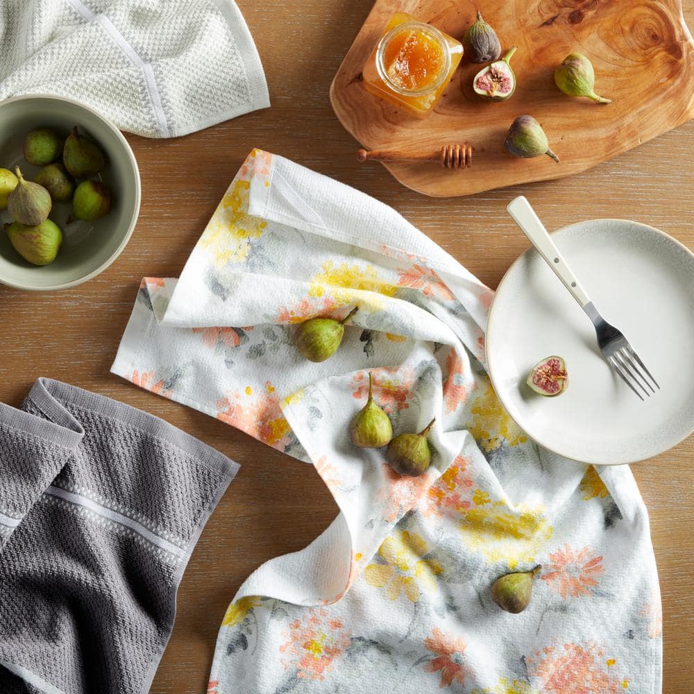 Amber Floral Yellow/Coral Cotton Kitchen Towel Set (2-Pack) - Hercitys