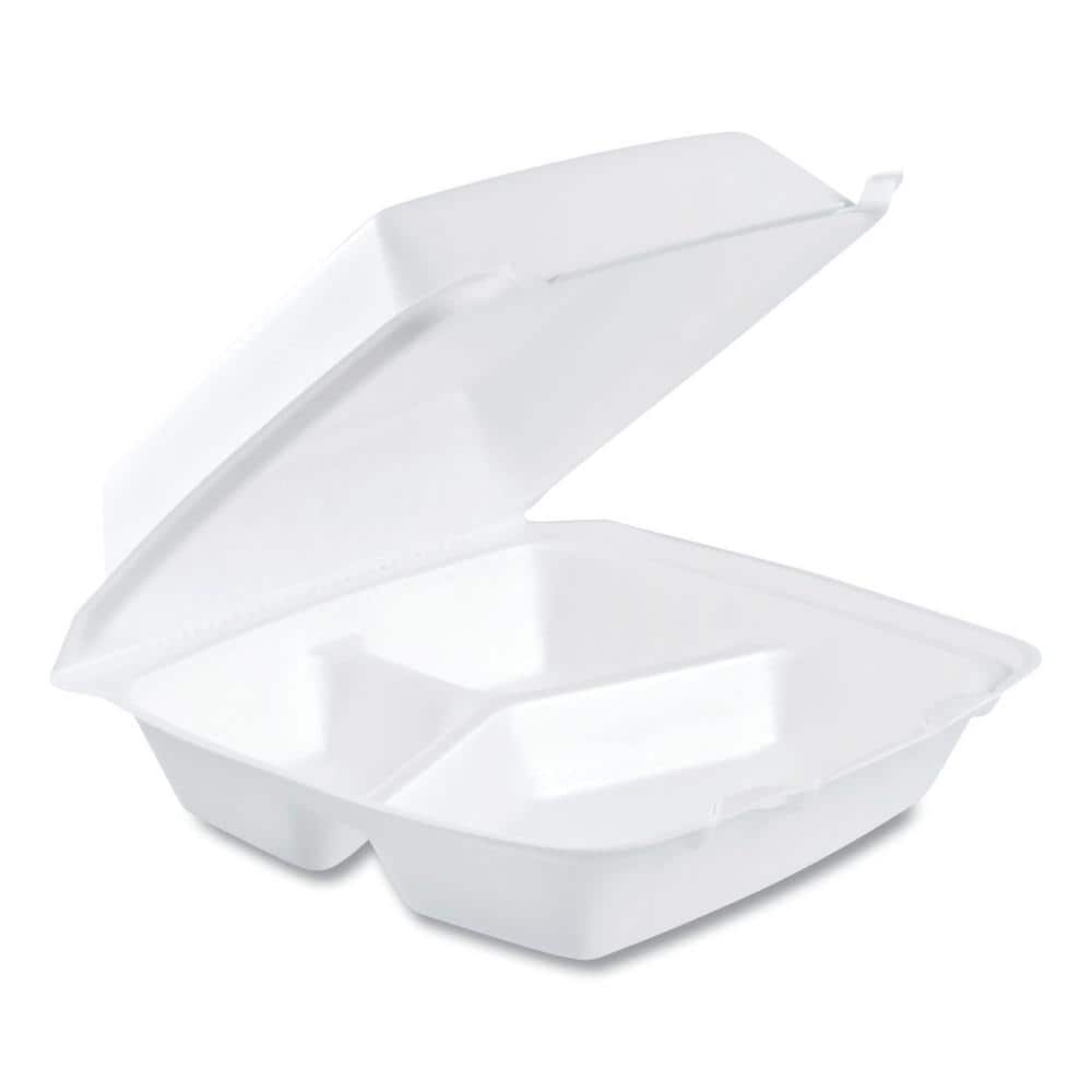 White Foam Hinged Lid Containers, 3-Compartment, 8.38 x 7.78 x 3.25,200/Carton - Hercitys