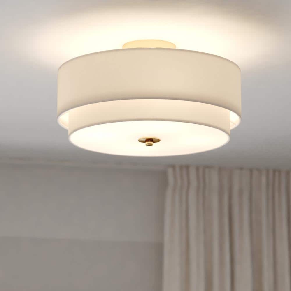 Burnaby 16 in. W Matte Brass Mid-Century Modern Semi Flush Mount Ceiling Light White Linen Drum Shade - Hercitys