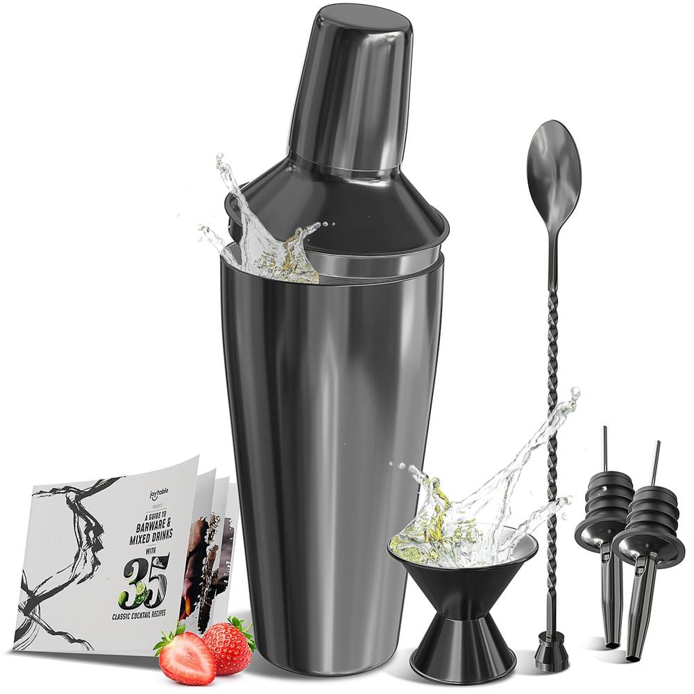8-Piece Black Stainless Steel Bartender Kit, Bar Cocktail Shaker Set, 24 oz. Shaker, Book, Muddler, Jigger and Strainer - Hercitys