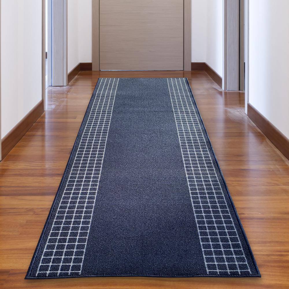 Checkered Border Blue 31 in. W x 27 ft. L Runner Rug/Stair Runner 70.2 sq. ft. - Hercitys