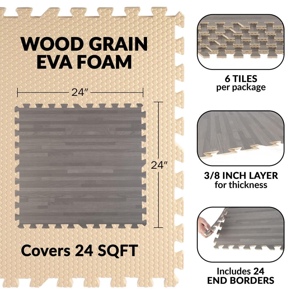 Gray Woodgrain 24 in. W x 24 in. L x 0.375 in H – Gym Interlocking Foam Floor Tiles (6 Tiles per Pack) (24 sq. ft.) - Hercitys