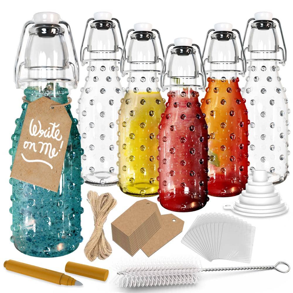 8.5 oz. Dotted Round Swing Top Glass Bottles with Funnel, Bottle Brush, Tags, Shrink Wrap (Set of 6) - Hercitys