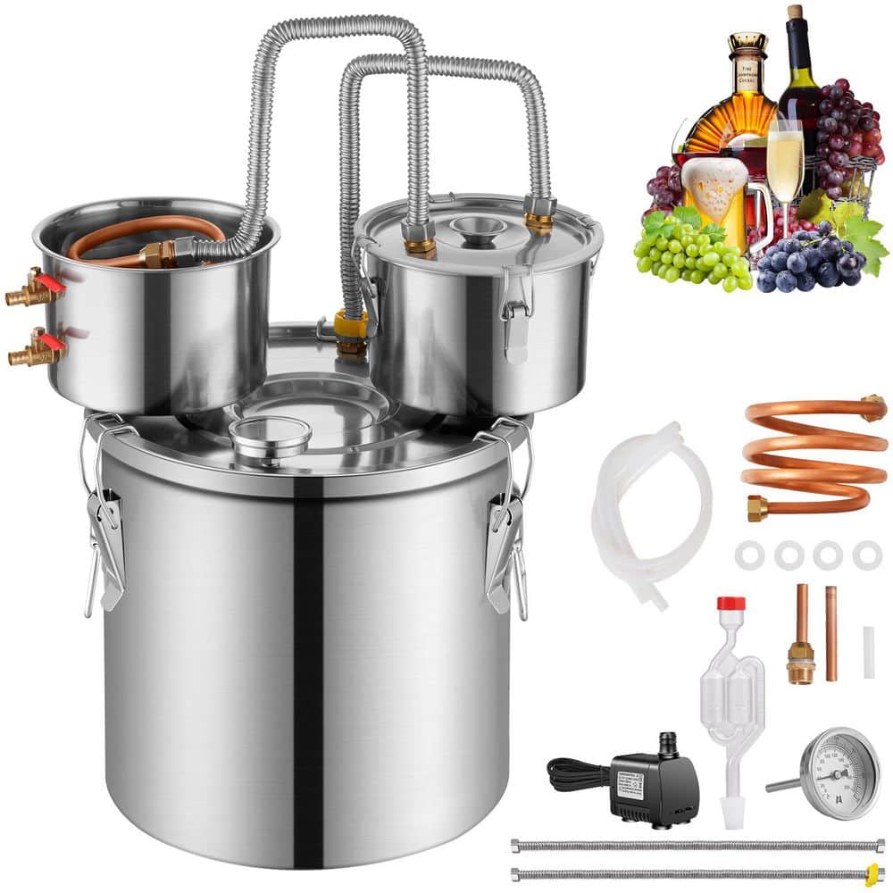 Alcohol Still, 30 L / 8 Gal. Stainless Steel with Copper Coil, Dual Condenser Kit for Wine Whisky Brandy, Silver - Hercitys