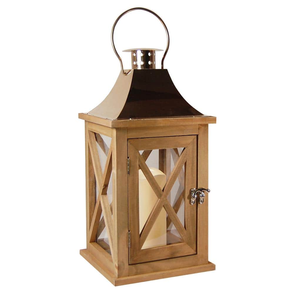 Lantern 7.75 in. x 15.5 in. Wooden Lantern Copper Roof with LED Candle - Hercitys