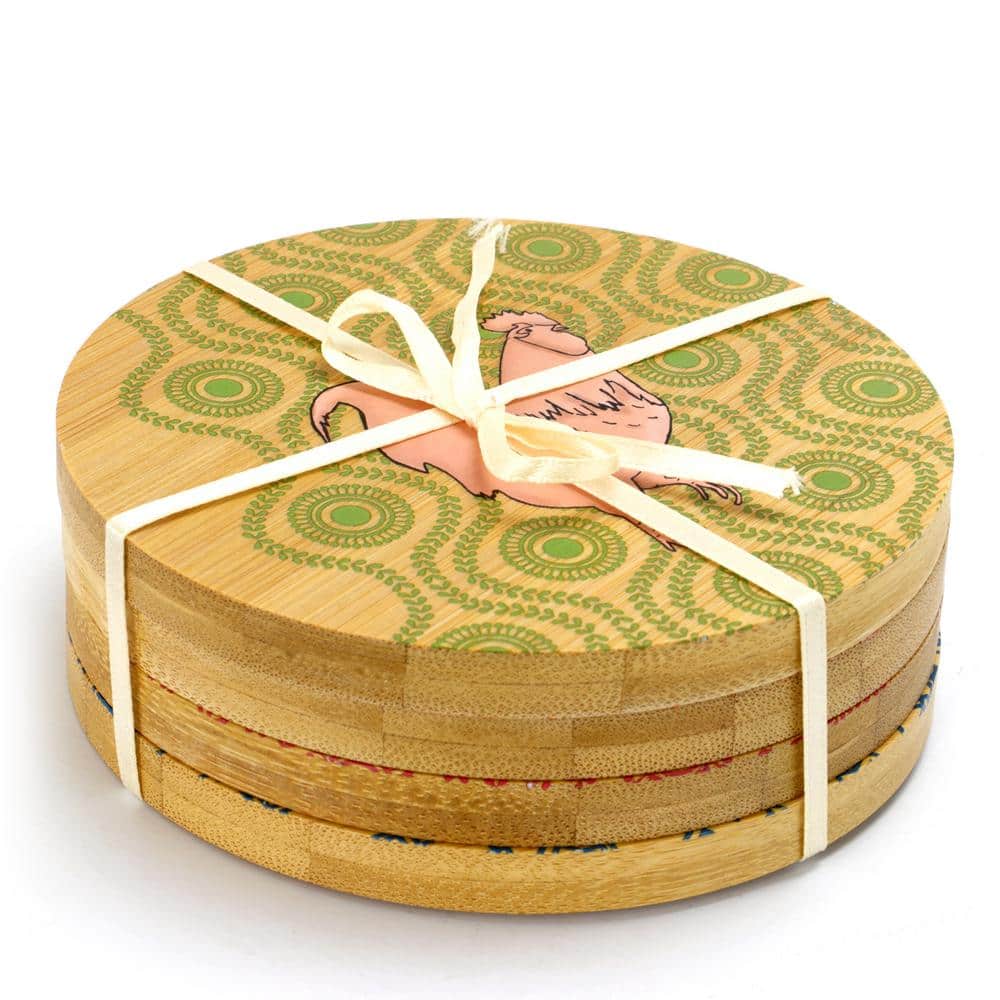 Bamboo Coaster with Farm Animals and Decorative Pattern - Hercitys
