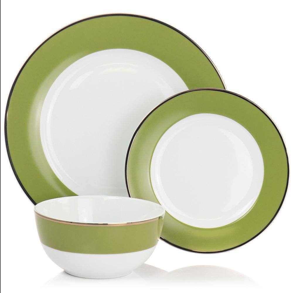 Martha Stewart Gold Rimmed 12 Piece Fine Ceramic Dinnerware Set in Green Service for 4 - Hercitys