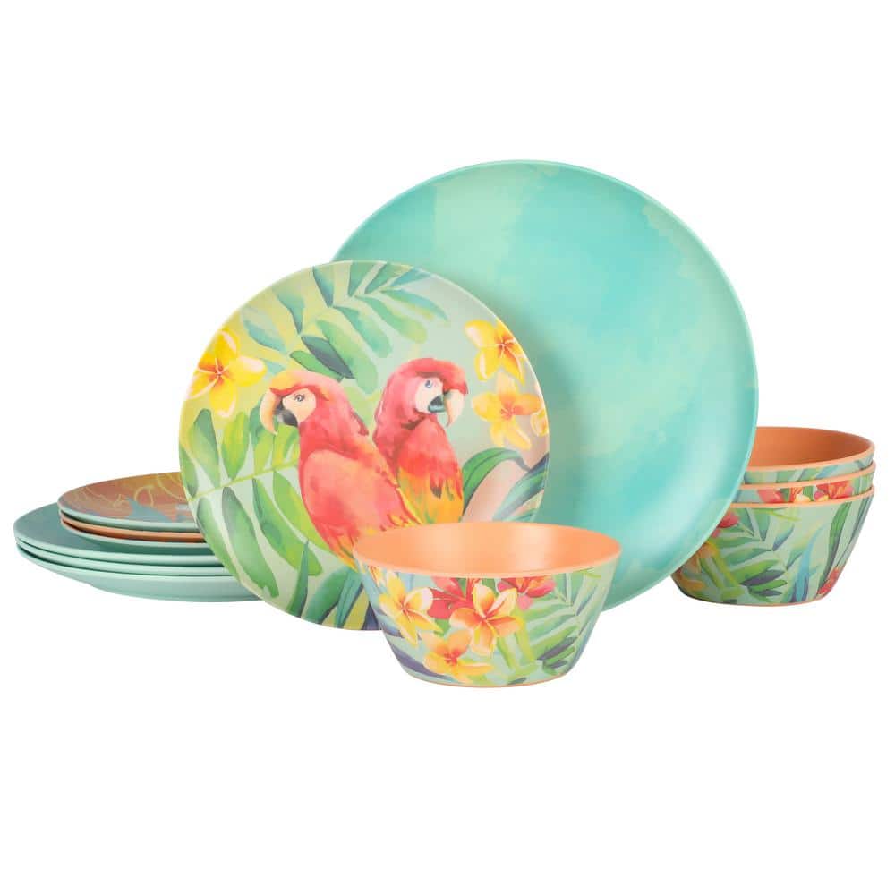 Tropical Parrots 12-pieces Melamine Dinnerware Set in Assorted Designs - Hercitys