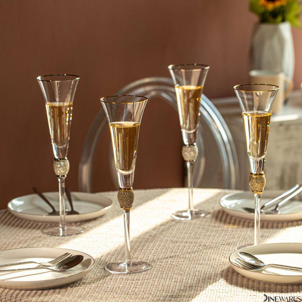 Elegant 7 oz. Champagne Glasses with Diamond Rhinestone Accents and a Polished Gold Rim (Set of 4) - Hercitys
