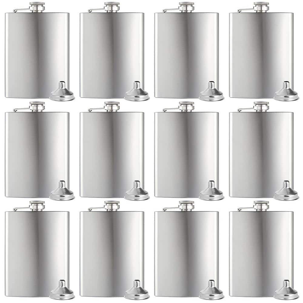 8 Oz. Silver Stainless Steel Hip Liquor Flask with Funnels for Men and Women (12-Pack) - Hercitys