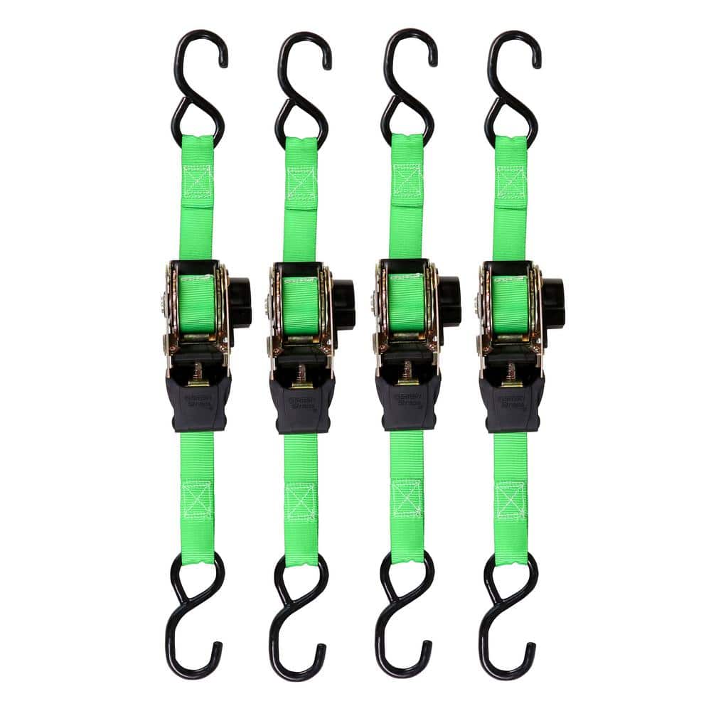 6 ft. x 1 in. Green Retractable Ratchet Tie Down Straps with 500 lb. Safe Work Load – 4 pack - Hercitys