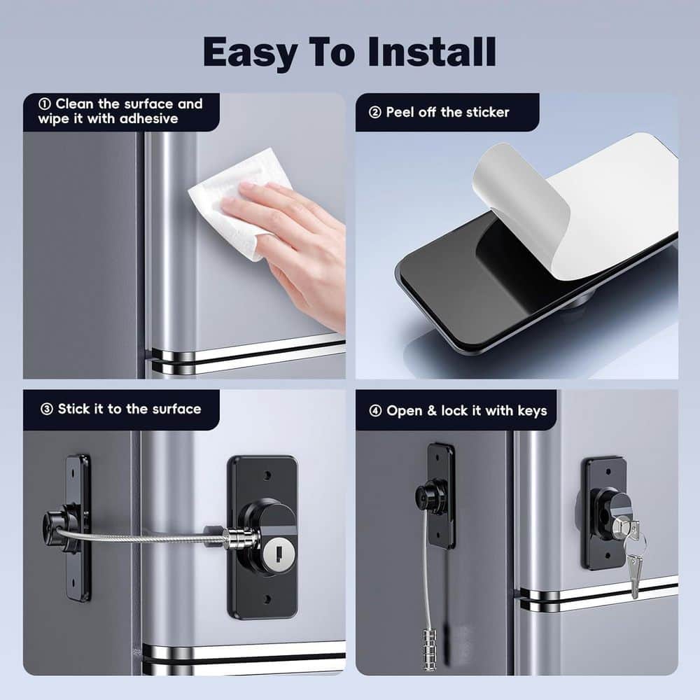 Refrigerator Door Lock with Self Adhesive Latch & Keys in Black (2 Packs) - Hercitys