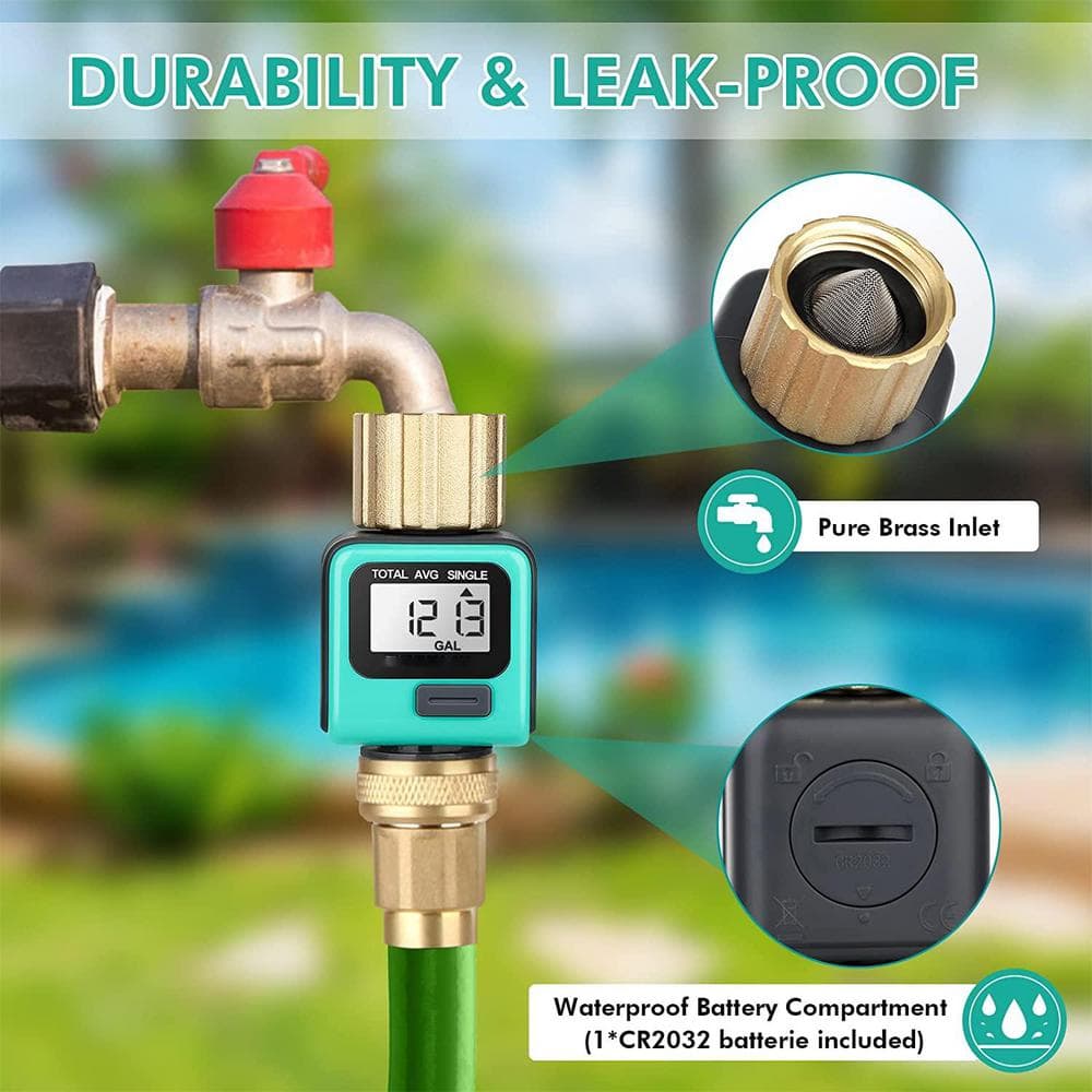 Water Flow Meter with Brass Inlet Metal Thread, Measure Gallon/Liter Consumption and Flow Rate - Hercitys