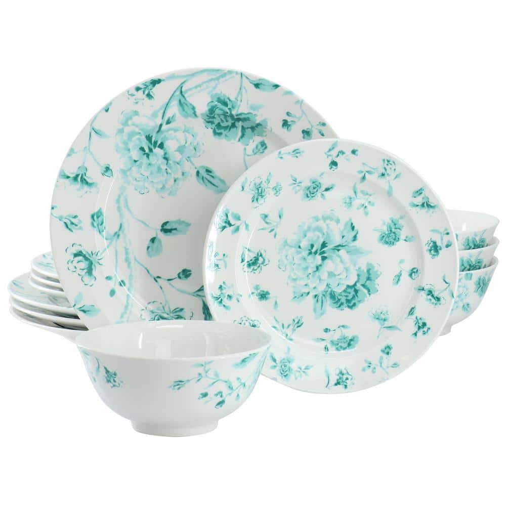 Chinoserie 12 Piece Round Porcelain Dinnerware Set Service For 4 in Teal - Hercitys