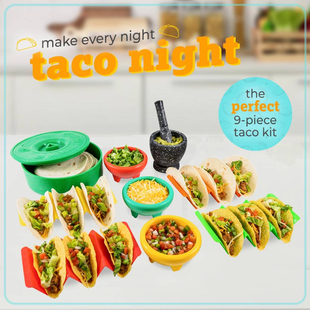 Taco Kit with Tortilla Warmer, 3 Salsa Bowls, 4-Set Taco Shell Holders, Mortar and Pestle - Hercitys