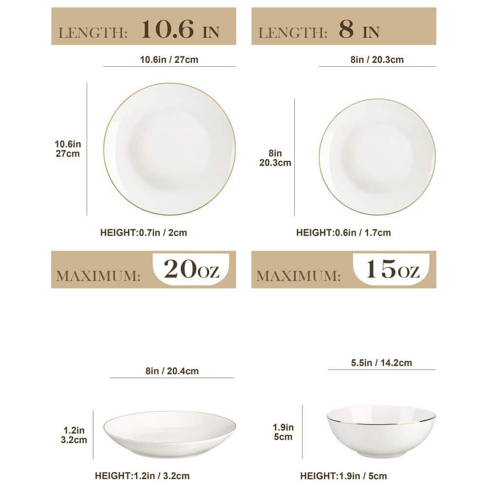 Jera 16-Piece White with Gold Trim Bone China Dinnerware Set (Service for 4) - Hercitys