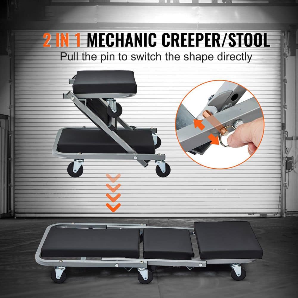 Z-Creeper Seat, 2 in 1 Rolling Folding Car Creeper/Stool, 300 lbs. Capacity Mechanic Creeper, Low Profile Creeper, Black - Hercitys