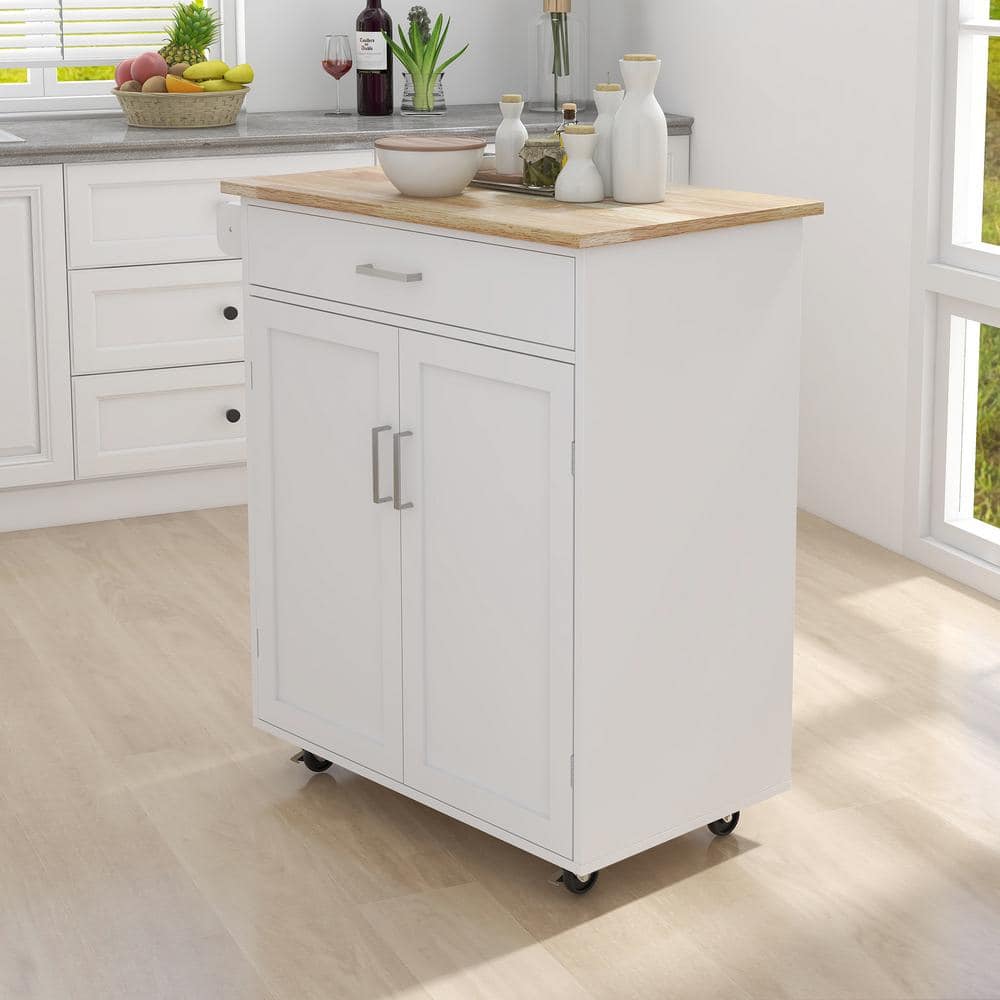 White Wood 32.87 in. Kitchen Island Rolling Trolley Cart with Towel Rack - Hercitys