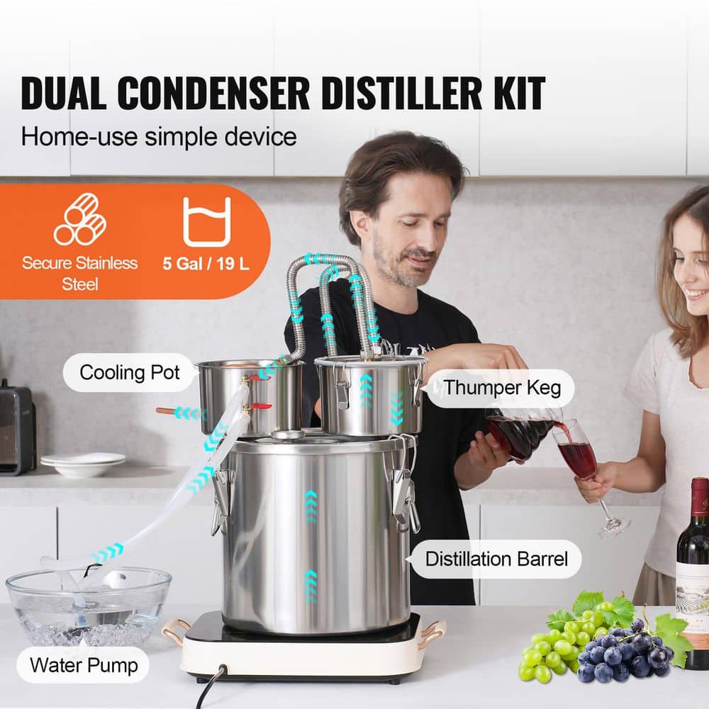 Alcohol Still, 19 L / 5 Gal. Stainless Steel with Copper Coil, Dual Condenser Kit for Wine Whisky Brandy, Silver - Hercitys