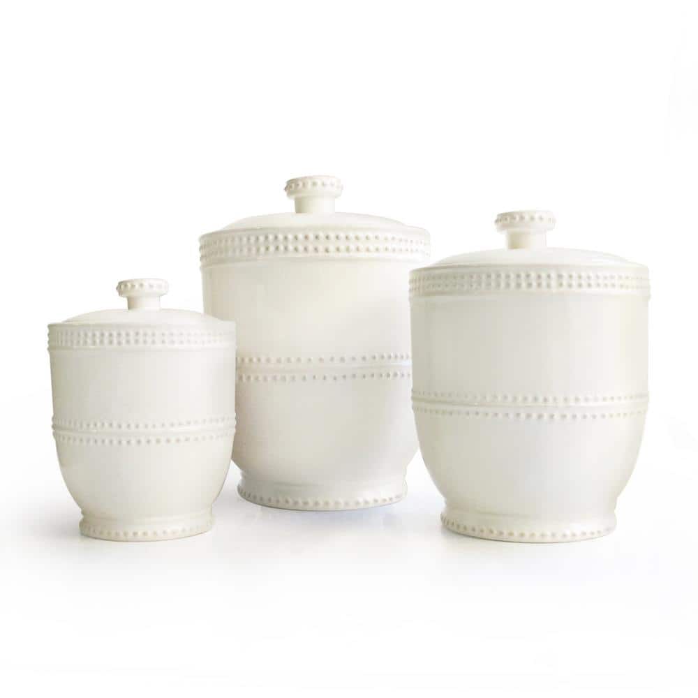 Bianca Bead 3-Piece White Earthenware Canister Set with Lid - Hercitys