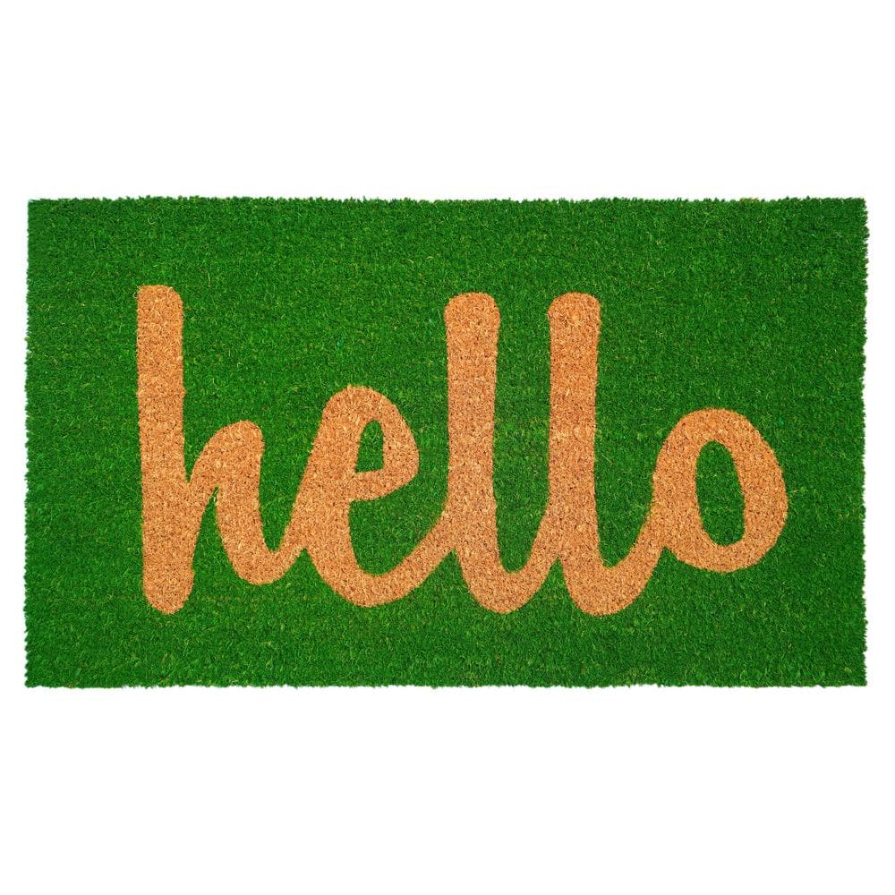 Hello Green/Natural Script 17 in. x 29 in. Door Mat - Hercitys