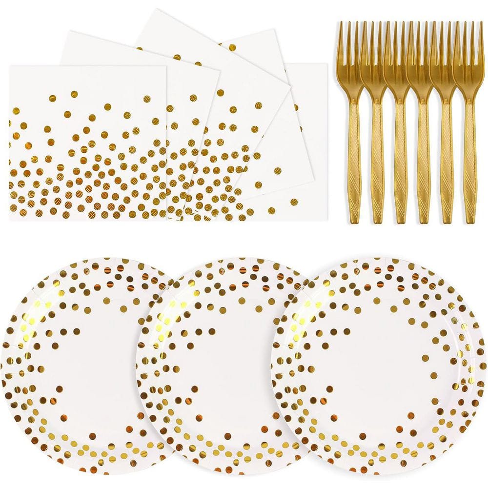 White and Gold Dot Disposable Party Dinnerware Set (75 PCS) - Hercitys