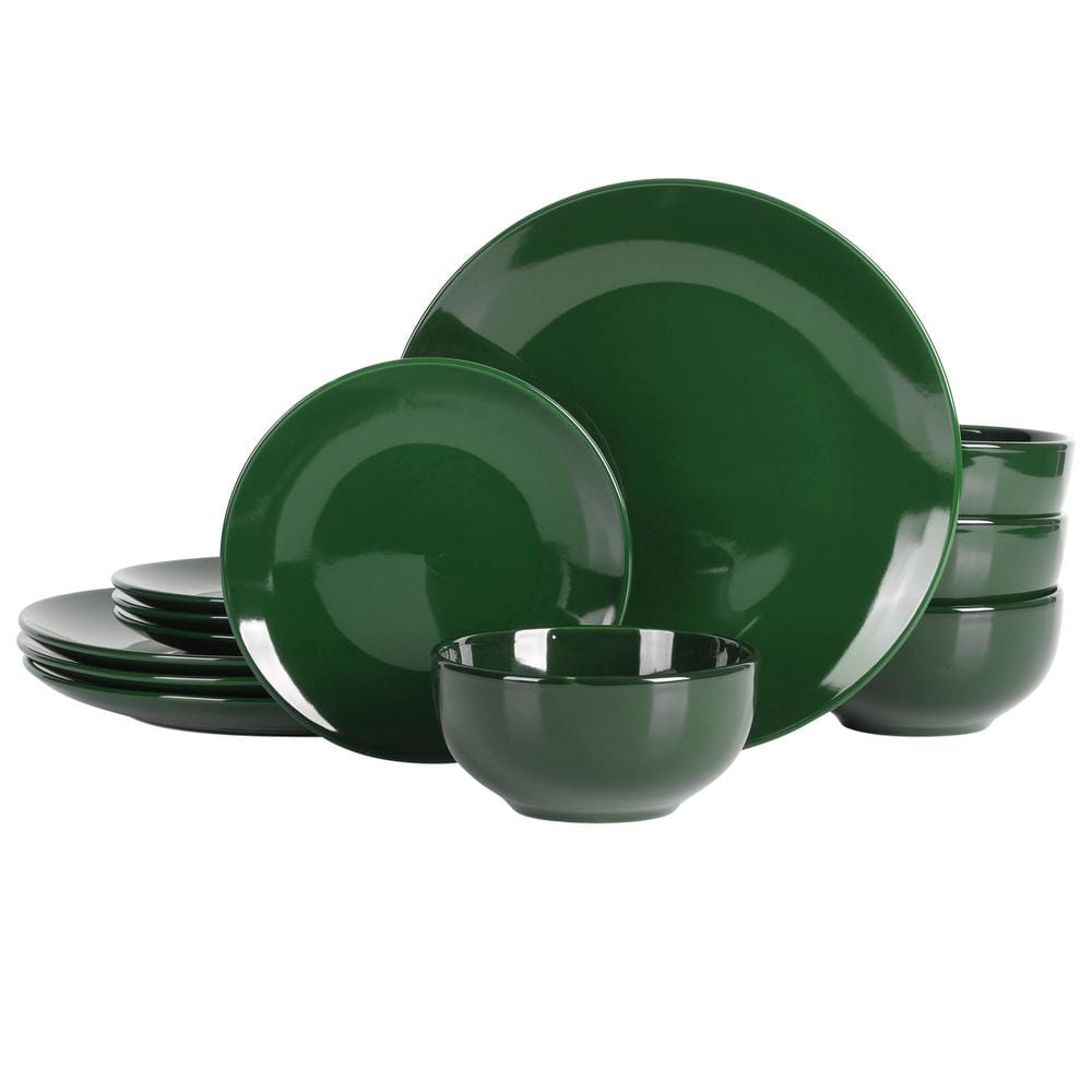 Hunter Green 12-Piece Round Stoneware Dinnerware Set - Hercitys
